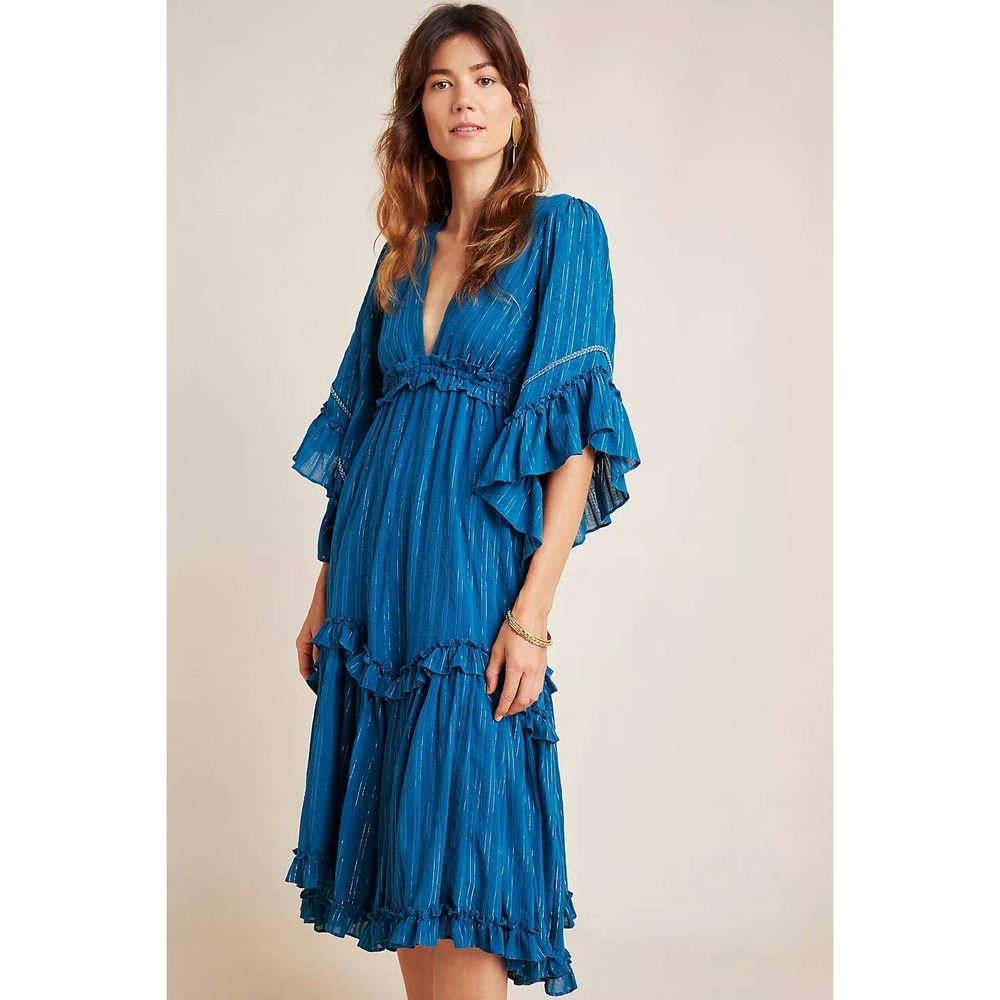 MISA Los Angeles Karyn Tiered Midi‎ Dress Teal Blue Metallic Stripe Womens Small